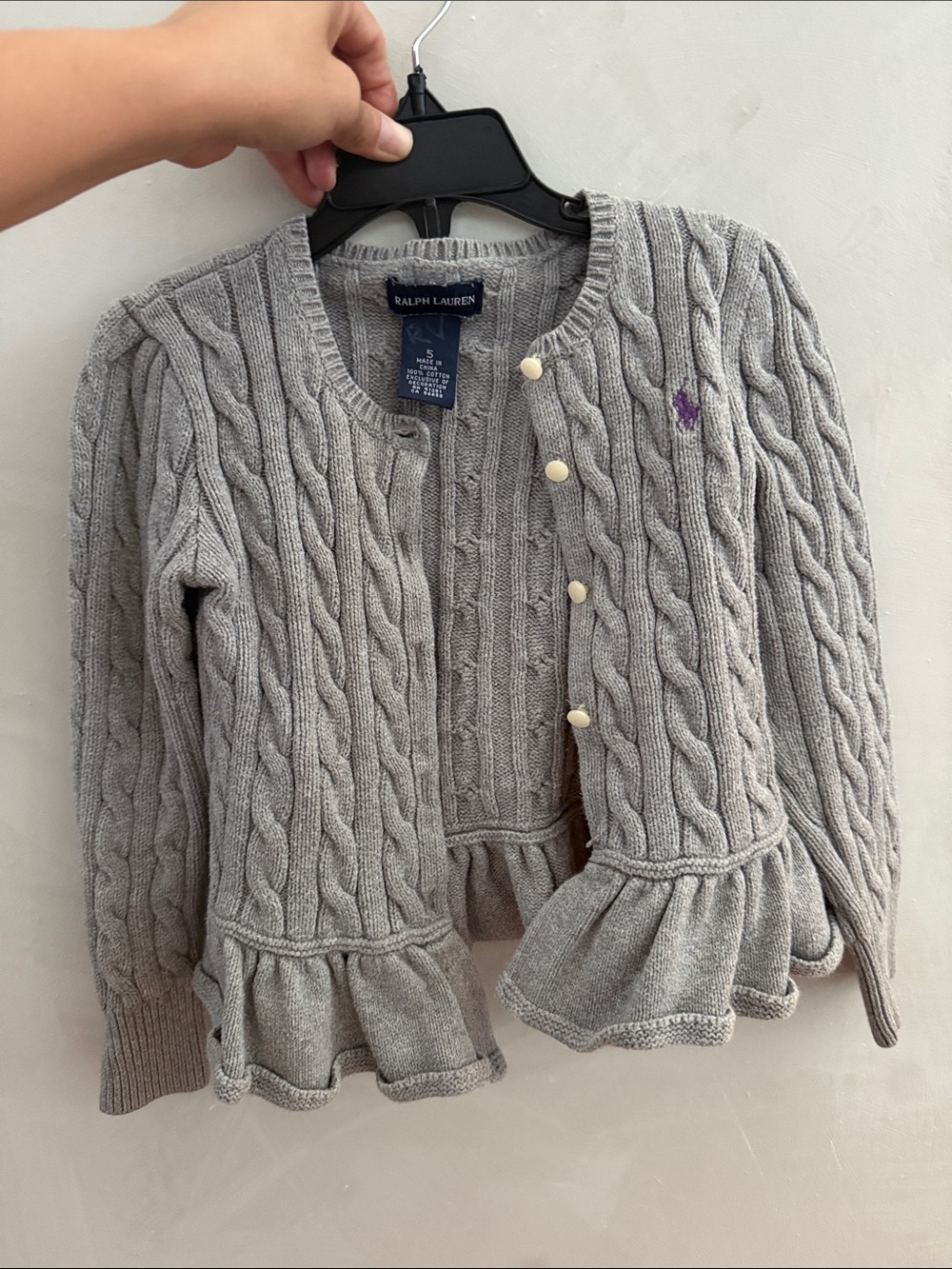 Ralph Lauren Gray Cable-Knit Ruffle Hem Cardigan